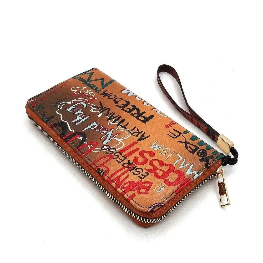 Brown Multi Graffiti Print Zip Around Wallet Wristlet